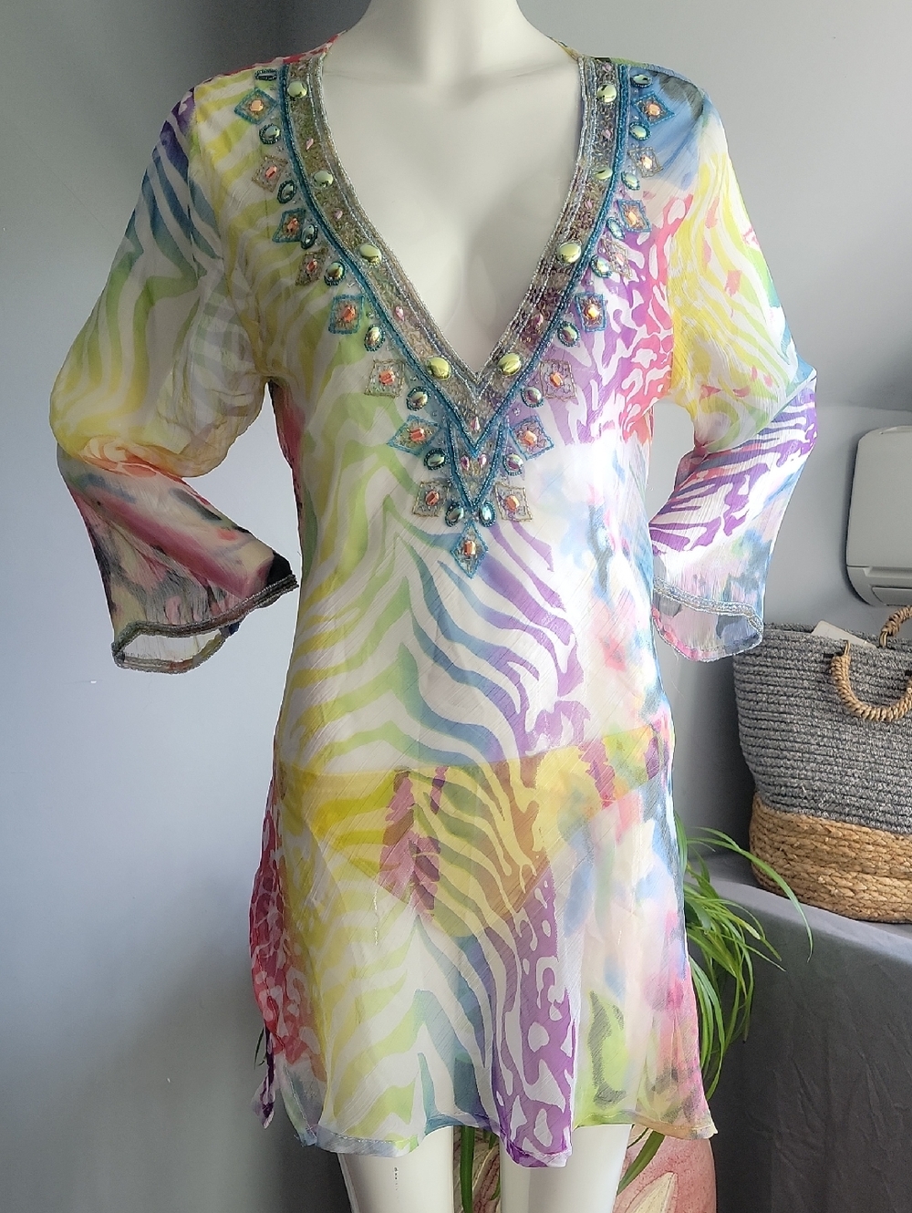 Embellished Multicolor Sheer Tunic - V-Neck